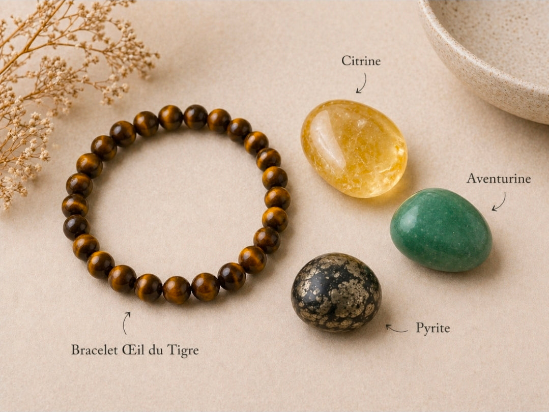 Coffret Abondance & Réussite – Citrine, Pyrite, Aventurine & Bracelet Œil du Tigre