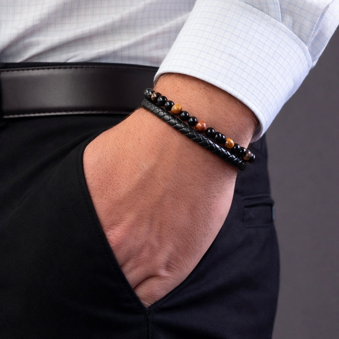 Bracelet cuir noir & œil de tigre, onyx
