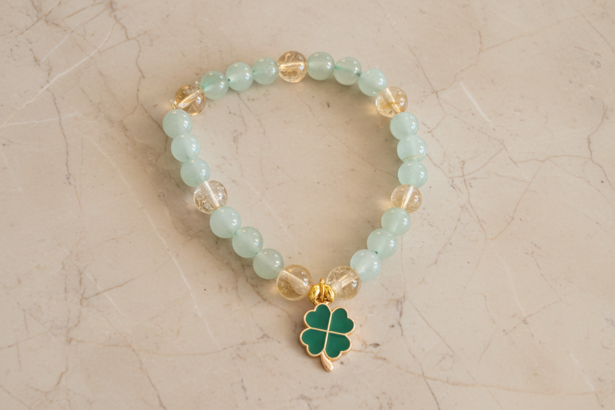 Bracelet “Chance et Abondance” Aventurine & Citrine – Trèfle porte-bonheur