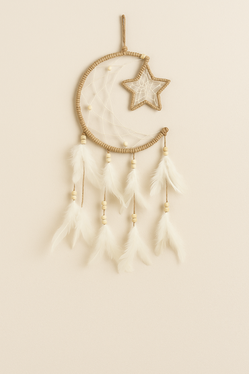 Attrape-rêves Lune et Étoiles – Chanvre & Plumes blanches