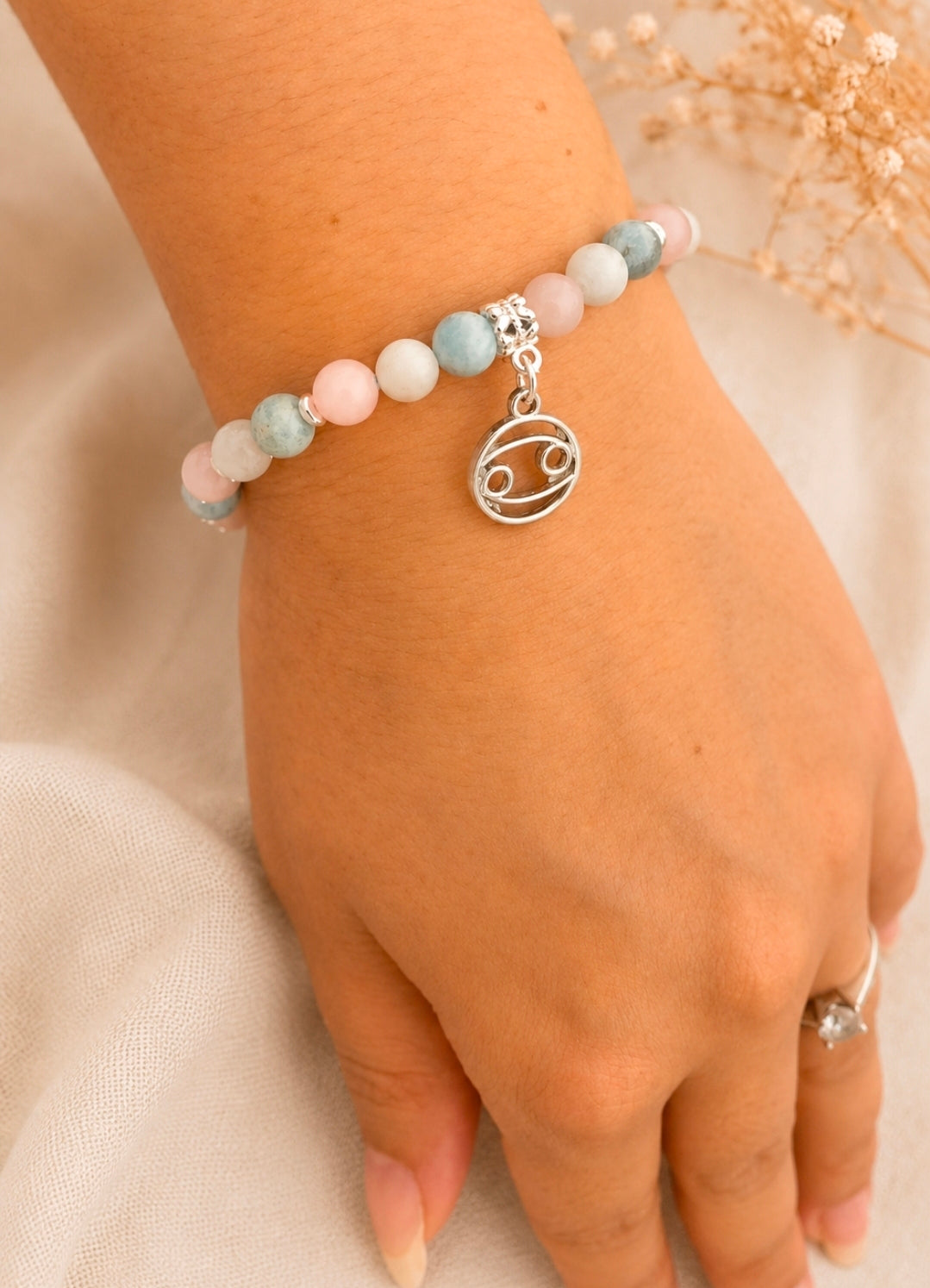 Bracelet Cancer - Pierre de lune, Quartz Rose & Aigue-Marine 6mm