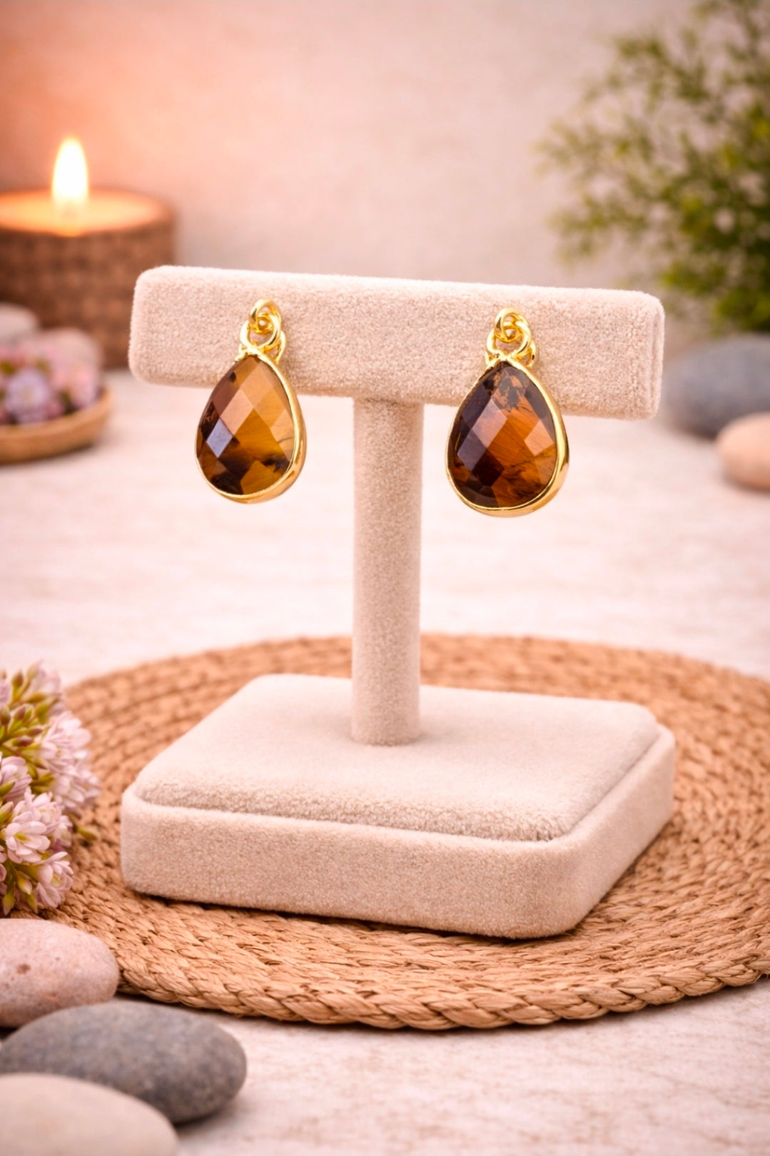 Boucles d’oreilles Argent 925 plaqué Or – Œil de Tigre "Ondée Dorée"