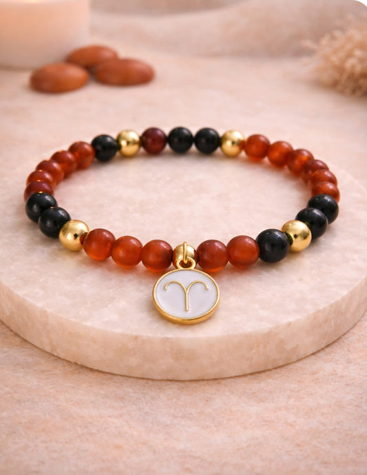 Bracelet Bélier en cornaline, hématite dorée et grenat 6mm
