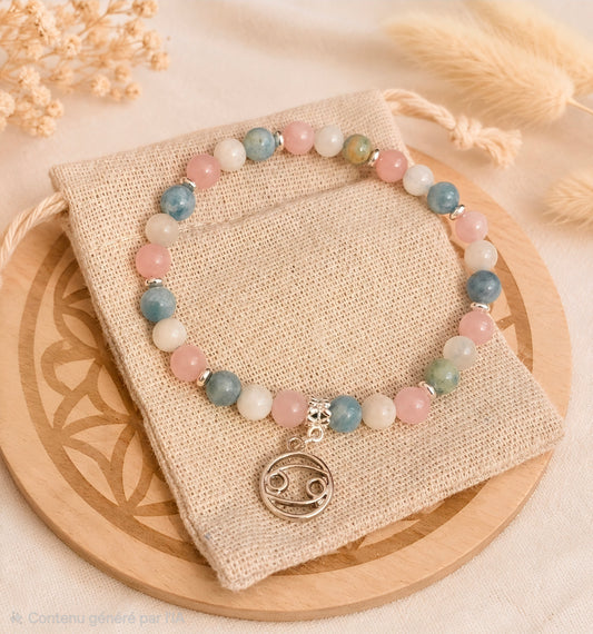 Bracelet Cancer - Pierre de lune, Quartz Rose & Aigue-Marine 6mm