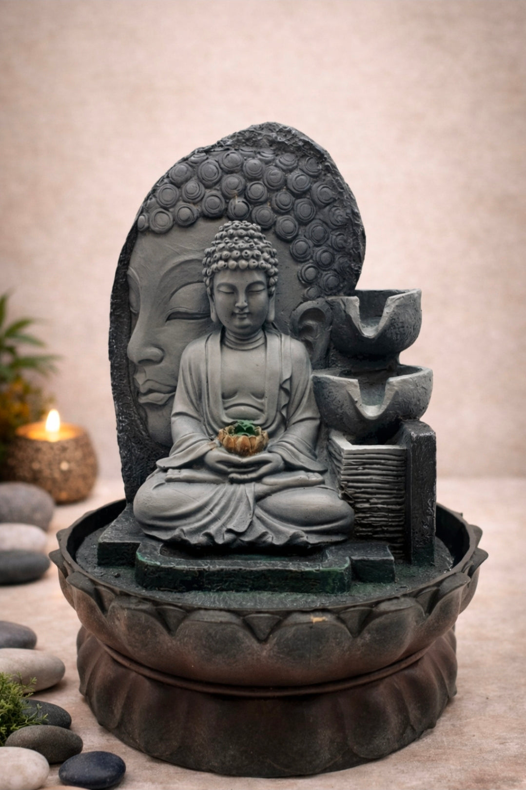 Fontaine Double Bouddha en Résine – 29 cm