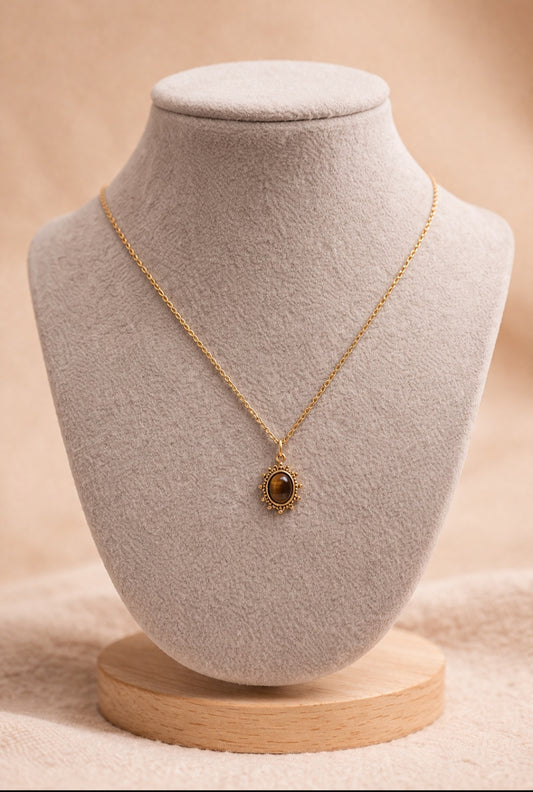 Collier Soleil Œil de Tigre Doré – Acier Inoxydable 304