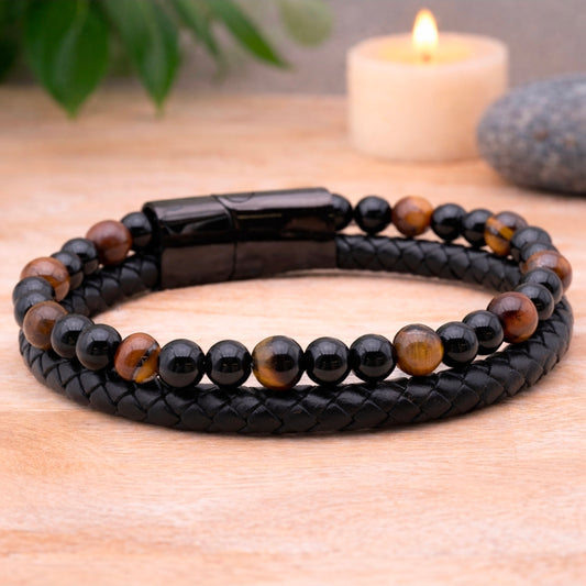 Bracelet cuir noir & œil de tigre, onyx