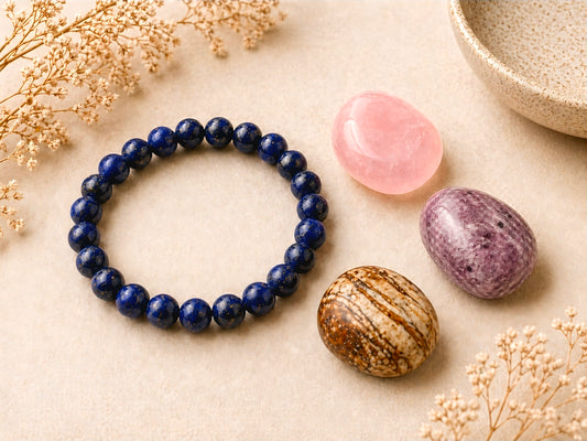 Coffret Confiance en soi – Quartz rose, Lépidolite & Jaspe paysage + Bracelet Lapis-lazuli