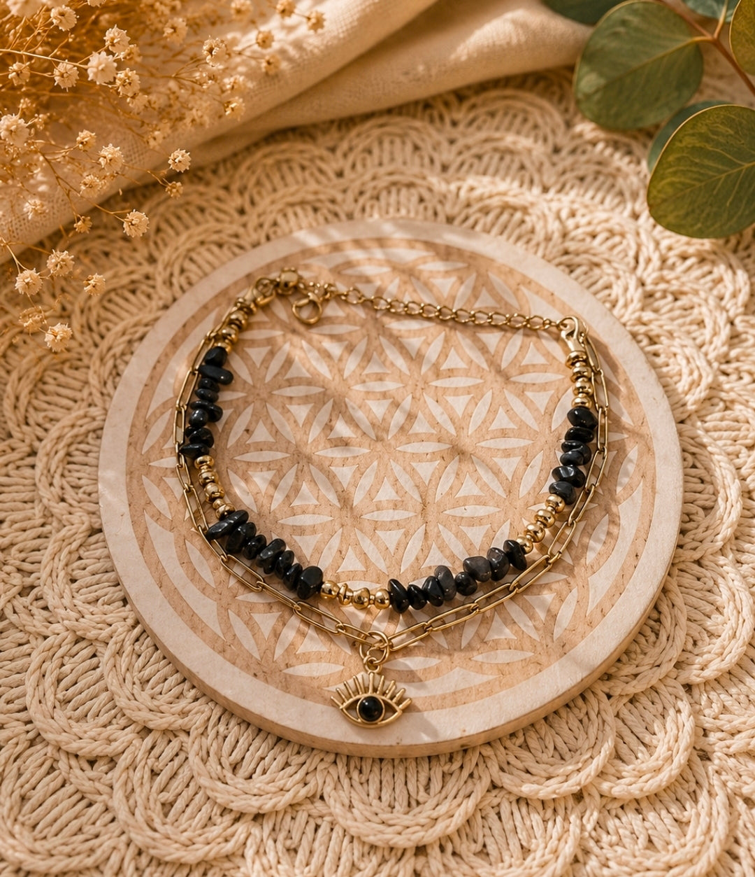 Bracelet Horus doré en Obsidienne Noire – Protection & Ancrage