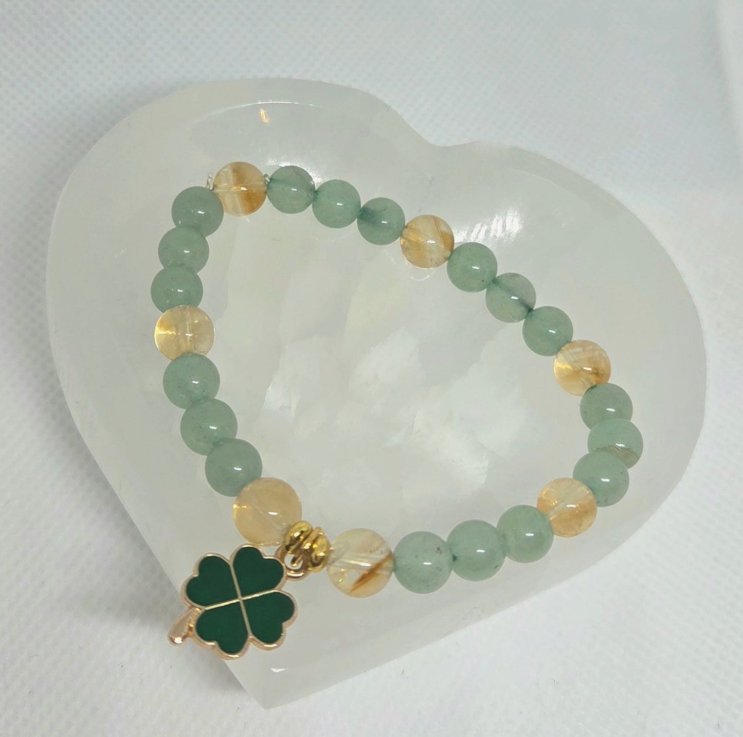 Bracelet “Chance et Abondance” Aventurine & Citrine – Trèfle porte-bonheur