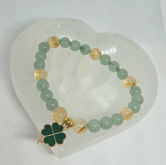 Bracelet “Chance et Abondance” Aventurine & Citrine – Trèfle porte-bonheur