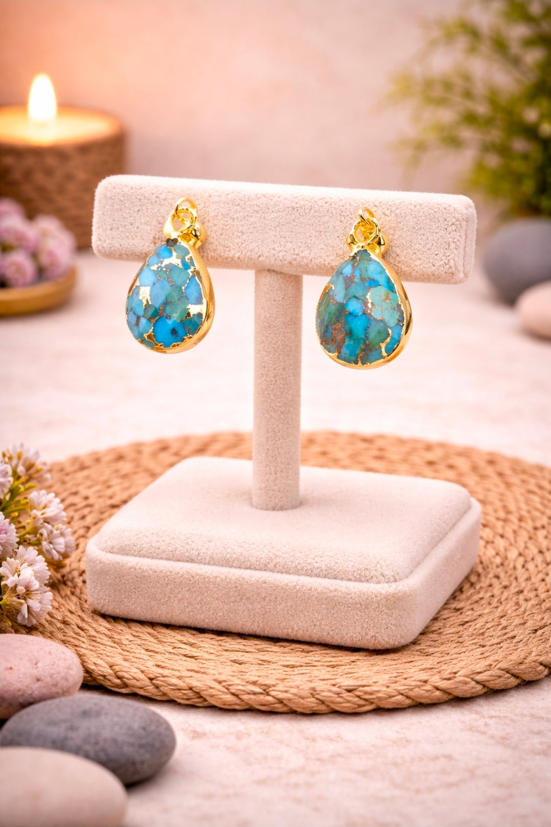 Boucles d’oreilles Argent 925 plaqué Or – Turquoise "Ondée Dorée"