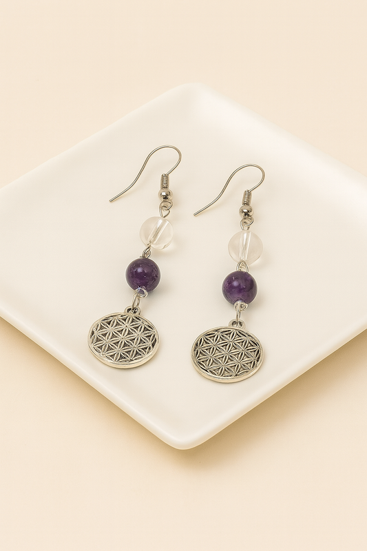 Boucles d’oreilles Fleur de Vie – Améthyste & Cristal de Roche