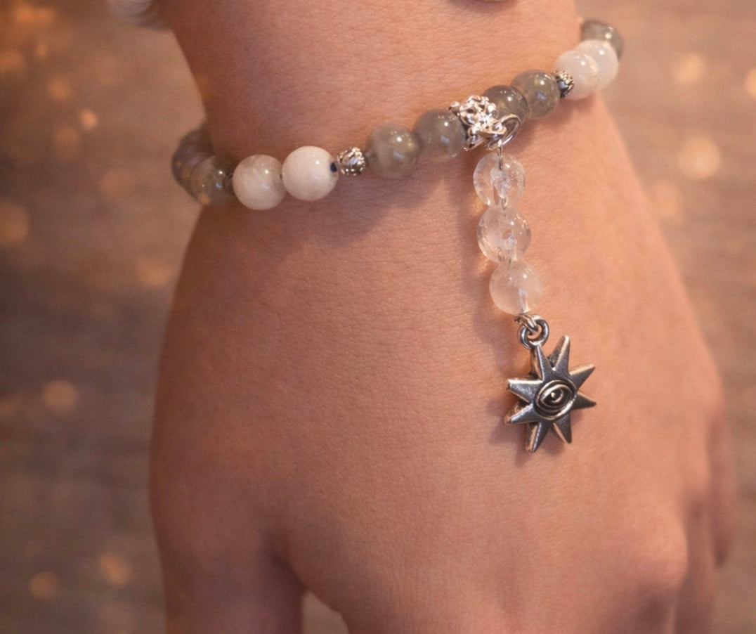 Bracelet Labradorite, Pierre de lune & Cristal de roche