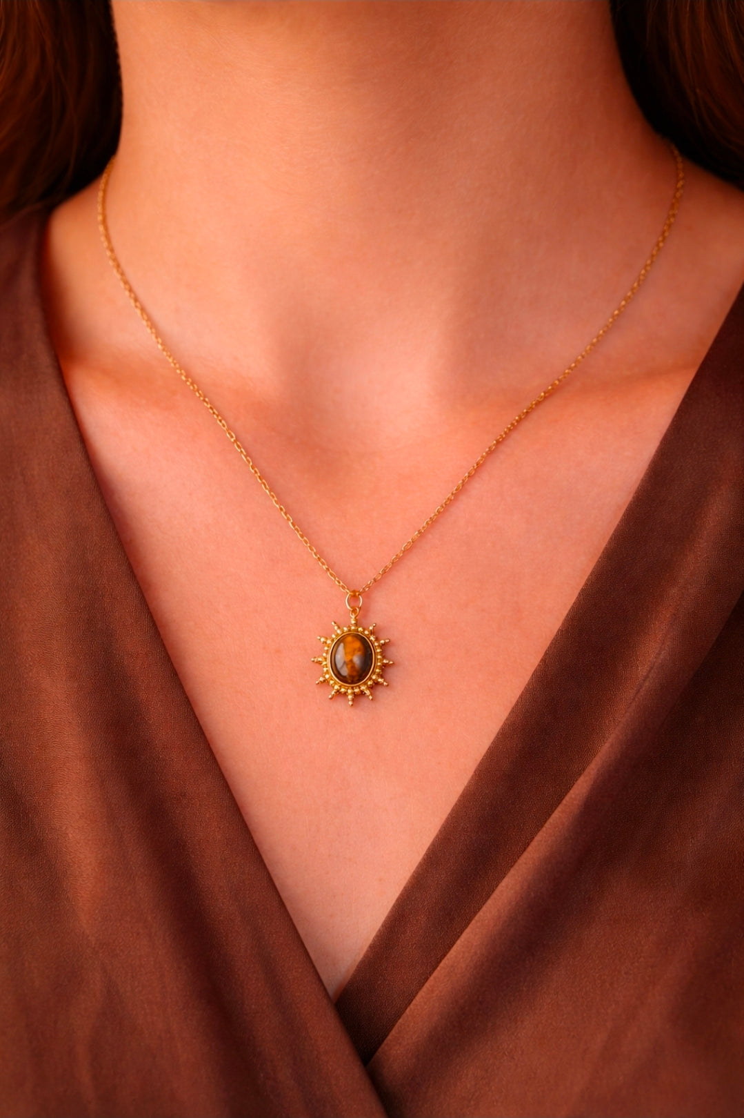 Collier Soleil Œil de Tigre Doré – Acier Inoxydable 304