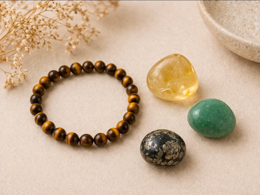 Coffret Abondance & Réussite – Citrine, Pyrite, Aventurine & Bracelet Œil du Tigre