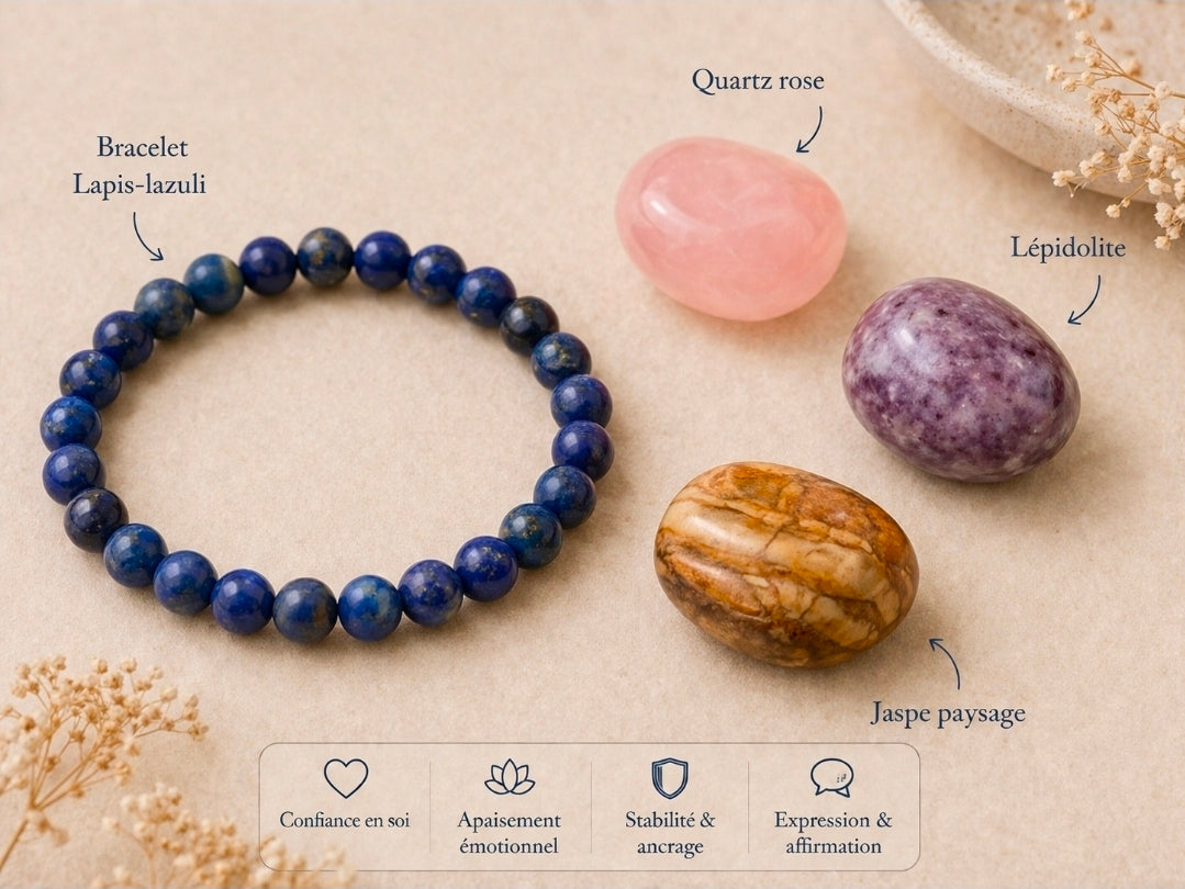Coffret Confiance en soi – Quartz rose, Lépidolite & Jaspe paysage + Bracelet Lapis-lazuli