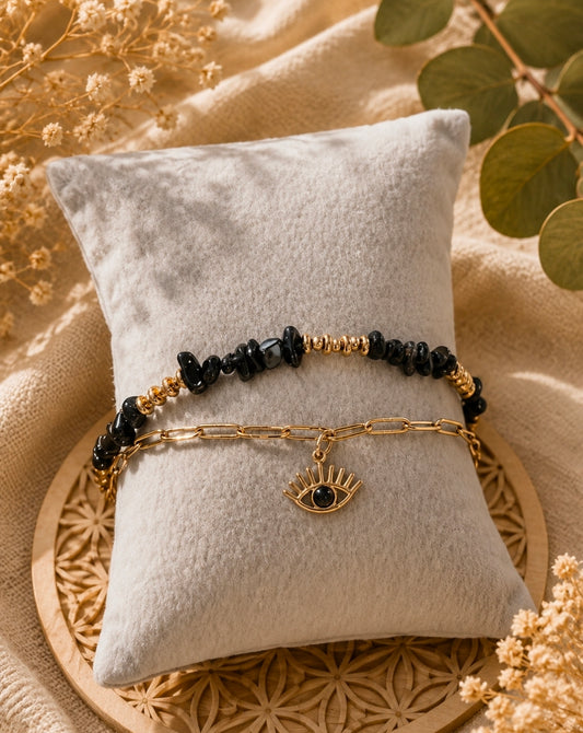 Bracelet Horus doré en Obsidienne Noire – Protection & Ancrage