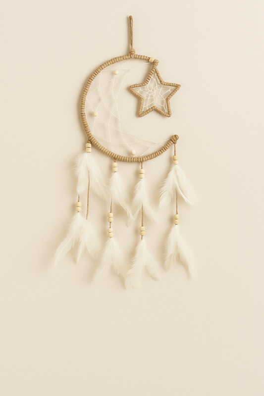 Attrape-rêves Lune et Étoiles – Chanvre & Plumes blanches
